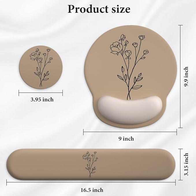 3 in 1 Ergonomic Mouse Pad and Keyboard Wrist Rest with Coaster Set-Brown | Cute Large Mousepad with Gel Wrist Support for Gaming Computer Laptop Women Office Home Desk Decor