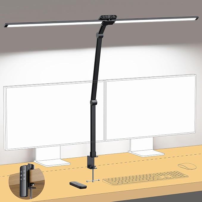TROND LED Desk Lamp with Clamp, 29.55'' Tall Desk Light with Remote, Black | 1500LM Bright Table Lamp, Swing Arm Clip on Light, Eye-Caring, Touch Control Dimmable for Home Office Monitor Reading