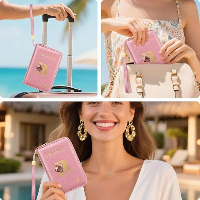 Passport Holder for Travel Personalized Wallet with Wristlet Women | All-in-One Passport Cover, RFID Blocking, Back Coin Pocket, Paper Money Slot, Zipper Closure, Roses Initial Letter, Pink B