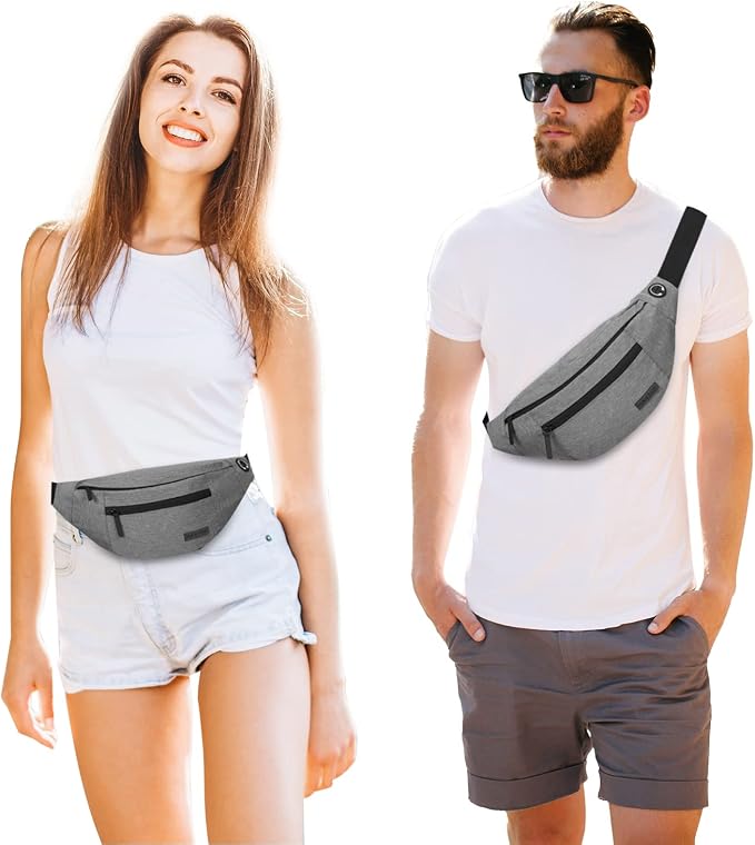 Grey Sling Bag for Women Men Gifts for Enjoy Travel Hands-Free Fanny Pack | Polyester,4-Zipper Pocket, Adjustable Waist Bag for Workout Traveling Casual Festival