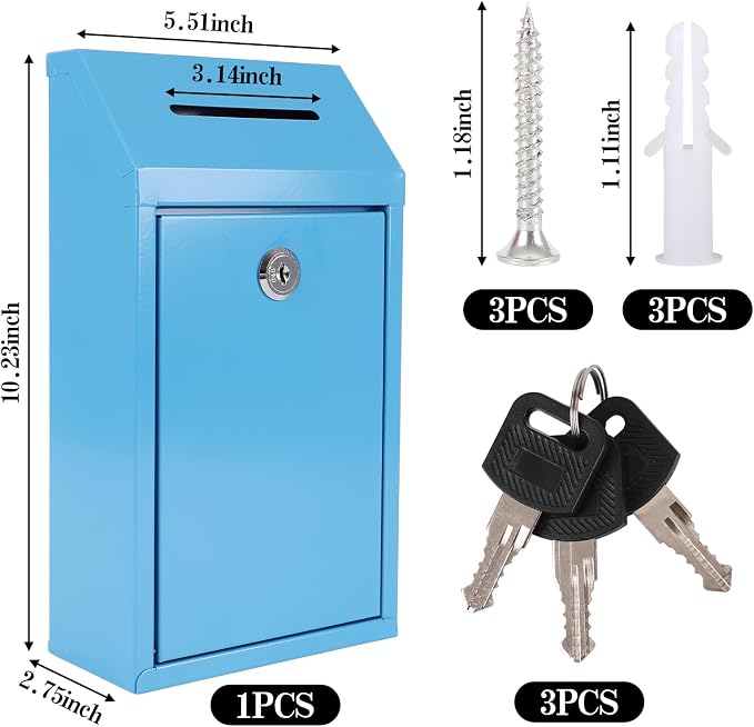 Metal Donation Box with Lock Ballot Box Drop Box with Lock Suggestion Box with Slot and Locks Metal Locks Box Comment Box Voting Box Key Drop Box for Home Office(Blue,10.24 x 5.71 x 2.95 Inch)