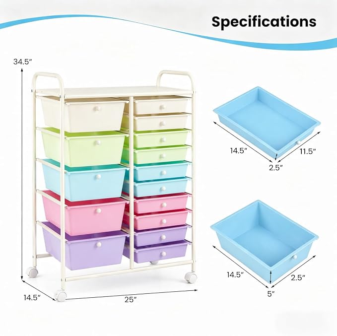 RELAX4LIFE 15 Drawer Rolling Storage Cart, Classroom Organization for School Teacher Office, Mobile Craft Art Supply Organizer, Utility Carts on Wheels for Paper Tools Scrapbook (Ice Cream Multicolor)
