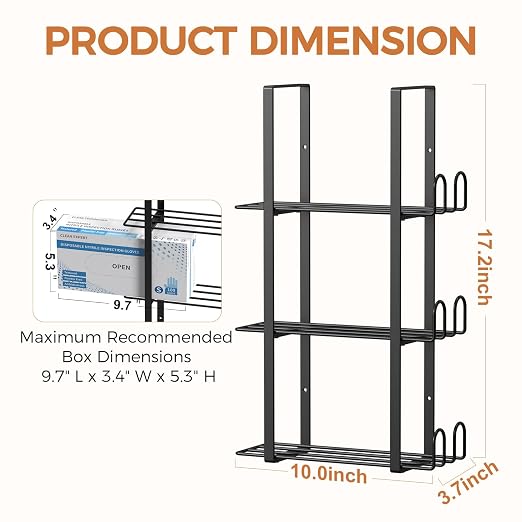 Glove Holder Dispenser for Wall Mount, Black Metal Disposable Latex Gloves Holder for Lab, Wall-Mounted Triple Rubber Box Holder, Tissue Rack for Kitchen and Garage