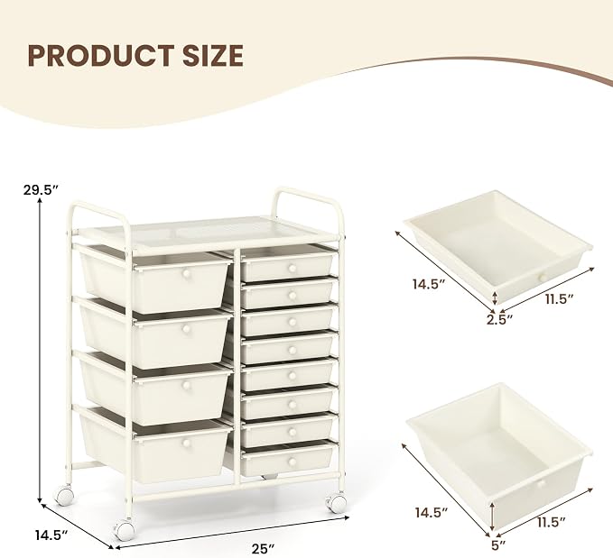 COSTWAY 12 Drawer Rolling Storage Cart, Utility Cart with Metal Frame | Mobile Art Supply Craft Organizer, Multipurpose Storage Organizer for Paper, Office, School Teacher, Classroom, White