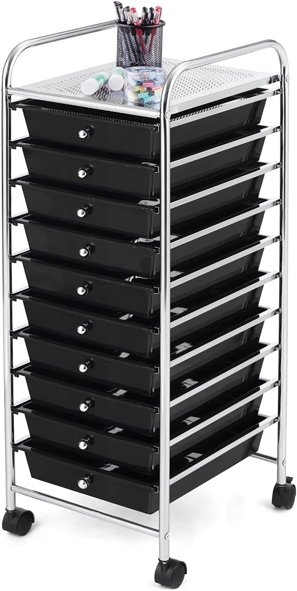 HOMGX 10 Drawer Storage Organizer Cart, 10 Tiers Multicolor Storage Trolley, Storage Drawer Bin Carts, File & Debris Storage Mobile Cart, Rolling Organizer Cart for Office/School/Home (Black)