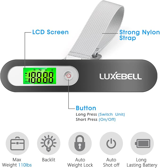 Digital Luggage Scale Vacation Travel Essentials Accessories Gifts for Traveler Portable Suitcase Handheld Weight Scale 110 lbs Hanging Baggage Travel Must Haves