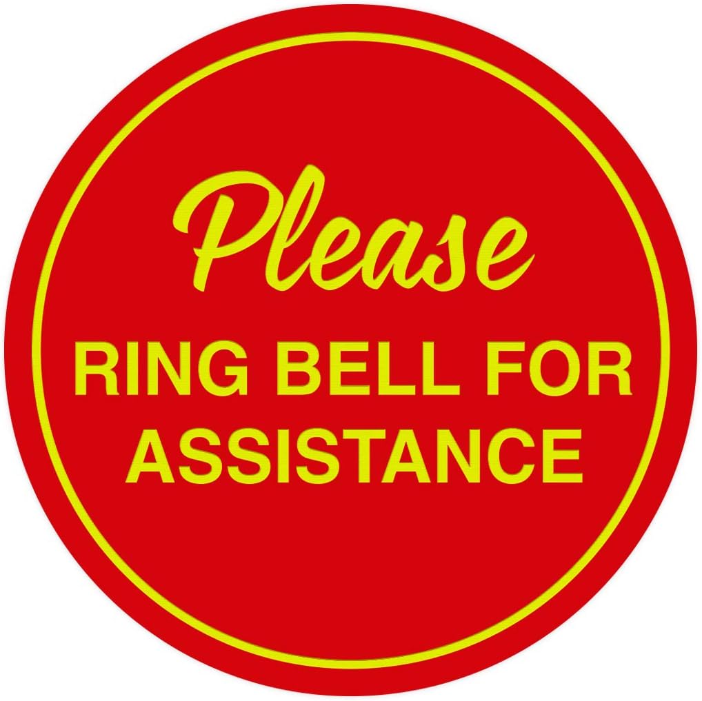 Signs ByLITA Circle Please Ring Bell For Assistance Wall or Door Sign | Easy Installation | Front Desk Reception Sign (Red/Yellow) - Small (5 Pack)