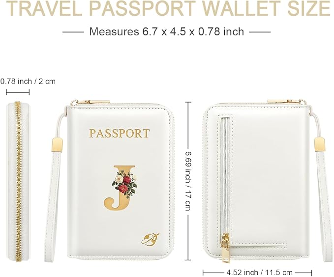 Passport Holder for Travel Personalized Wallet with Wristlet Women | All-in-One Passport Cover, RFID Blocking, Back Coin Pocket, Paper Money Slot, Zipper Closure, Roses Initial Letter, White J