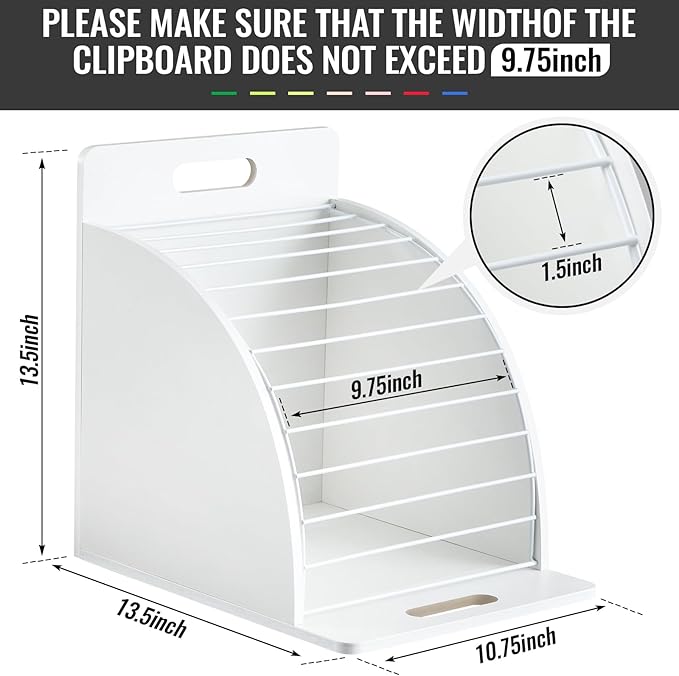 Wonderjune 1 Pack Clipboard Holder Wooden Metal Clipboards Storage Rack with Raised Side Panel, Back to School Supply for Classroom Office School Teacher, Clip Boards Not Included(White)
