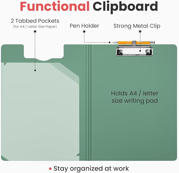 Sooez Foldable Clipboard Folder, A4 Folding Clip Board with Pen Loop 8.5x11 | 2 Tabbed Pockets, 360° Portfolio, Binder Clipboards with Low-Profile Metal Clip, Folio Storage for Nursing, School & Office