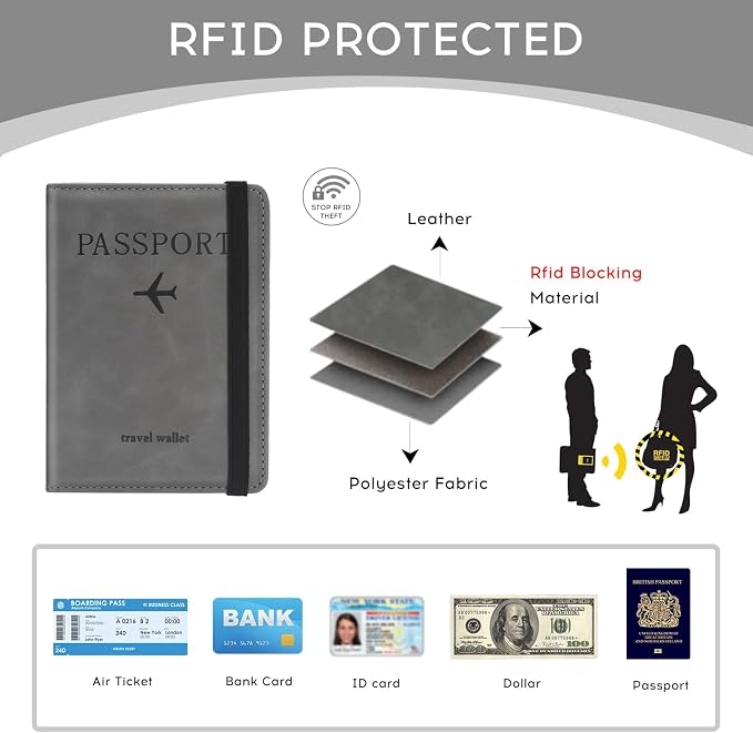 ILIYAH-Passport Cover-Passport Holder Travel Wallet-RFID Blocking Passport Case Travel Accessories Card Holder Wallet Unisex Travel Gifts (Grey)