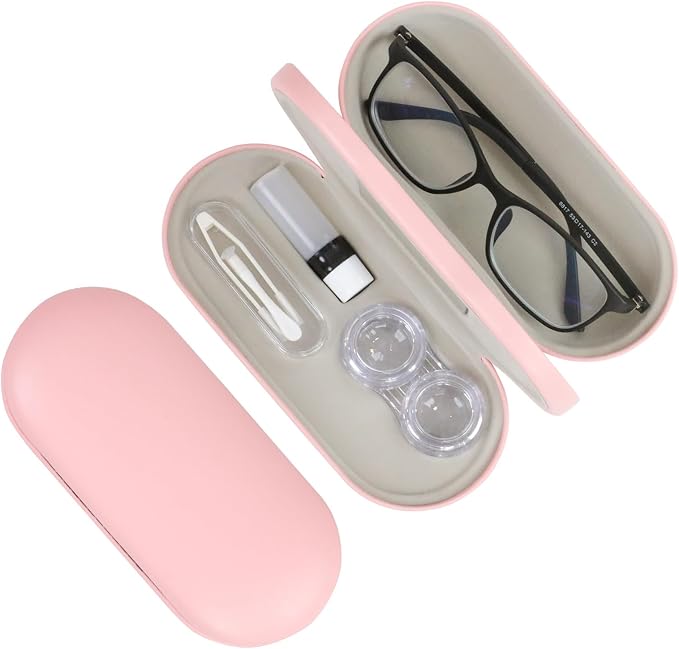 2 in 1 Contact Lens Case and Eyeglasses Case for Women Men Kids, Double Sided Hard Shell Portable Glasses Travel Holder with Built-in Mirror, Contact Lens Box (Pink)