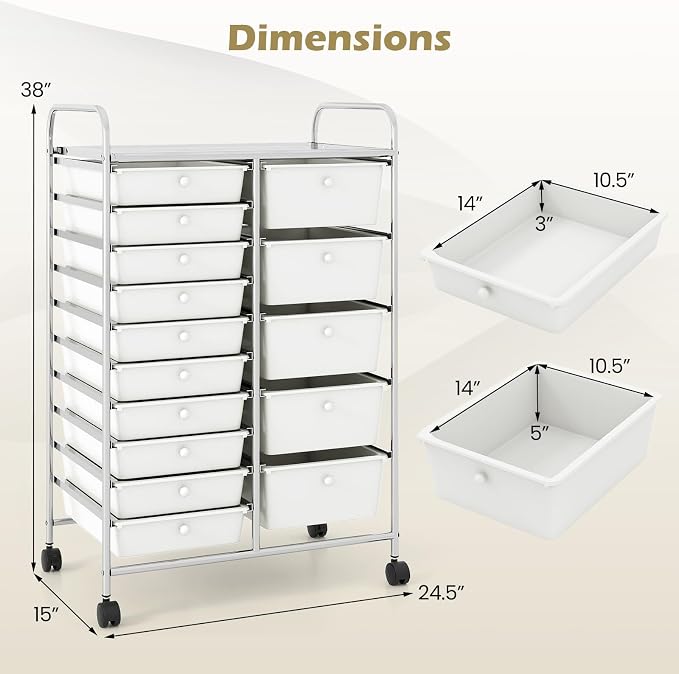 RELAX4LIFE 15-Drawer Rolling Storage Cart - Utility Cart with Metal Frame, Lockable Wheels & Removable Drawers, Multipurpose Art Craft Organizer for Home Office, Classroom (White)