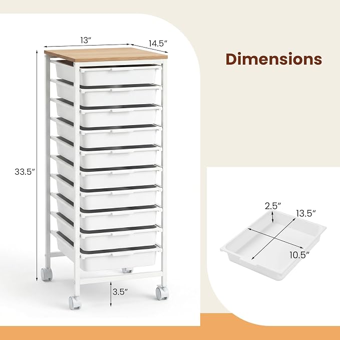 Giantex Rolling Storage Cart with 10 Drawers, Utility Cart w/Wooden Tabletop, Lockable Wheels, Multipurpose Organizer for Art Craft Books Paper, Drawer Carts for Dorm Classroom Office, White