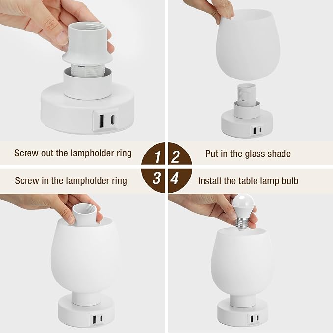 Seealle Touch Table Lamp for Nightstand Set of 2 - Bedside Lamp with USB C+A Charging Ports for Bedroom Living Room Night Stands, Desk Lamp with White Glass Shade for Small Spaces, 3 Way Dimmable