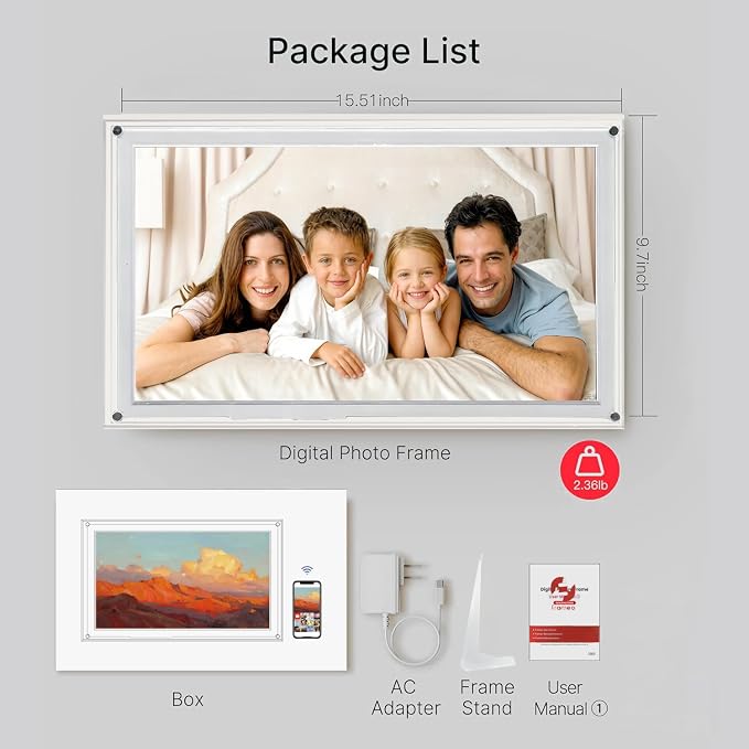 Frameo Digital Picture Frame,15.6'' WiFi Slim Acrylic Smart Cloud Electronic Photo Frame, HD IPS Touch Screen Slideshow, 32GB Storage, Share Photos/Videos via App (Size: 15.51X9.7Inch)