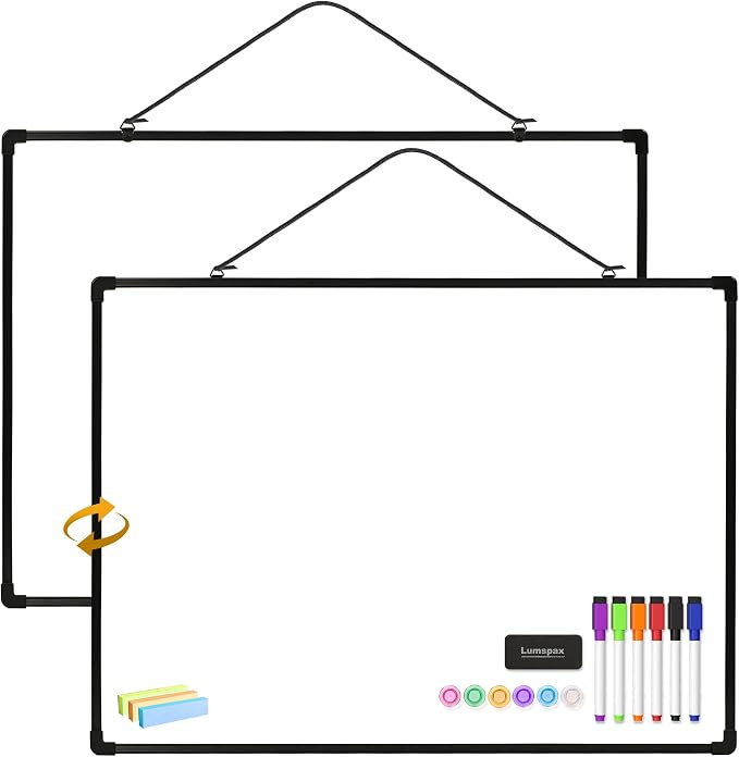 Dry Erase Board for Wall, 24" x 18" Double-Sided Hanging Magnetic Whiteboard with 6 Markers, 6 Magnets and 3 Mini Sticky Notes, Presentation Board for School, Home, Office, Black Frame