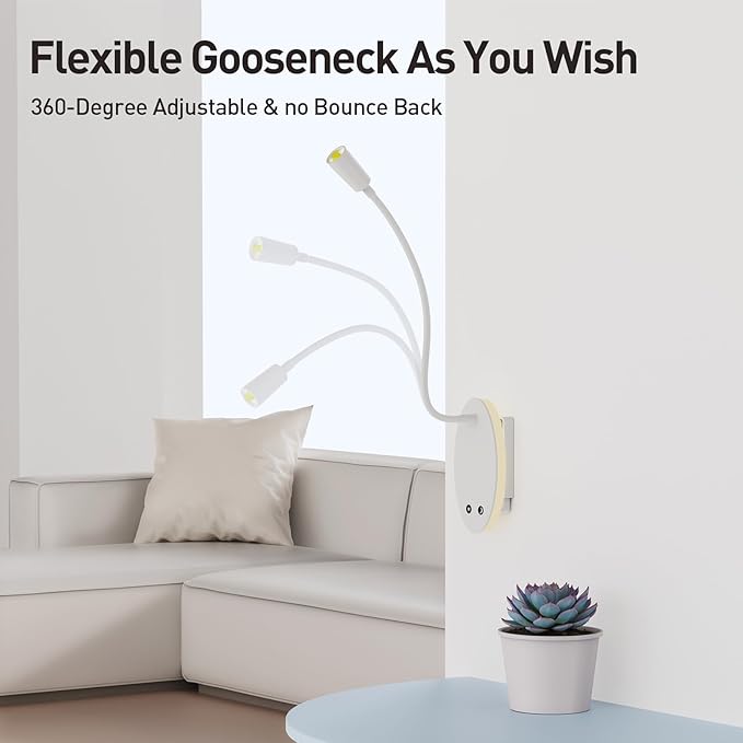 Rechargeable Cordless Reading Light, 360° Adjustable Bedside Lamp, 3 Color Stepless Dimming Night Light, 40H Runtime with Eye-Care, Memory Function, USB Output, Wall-Mounted & Detachable(1pc)