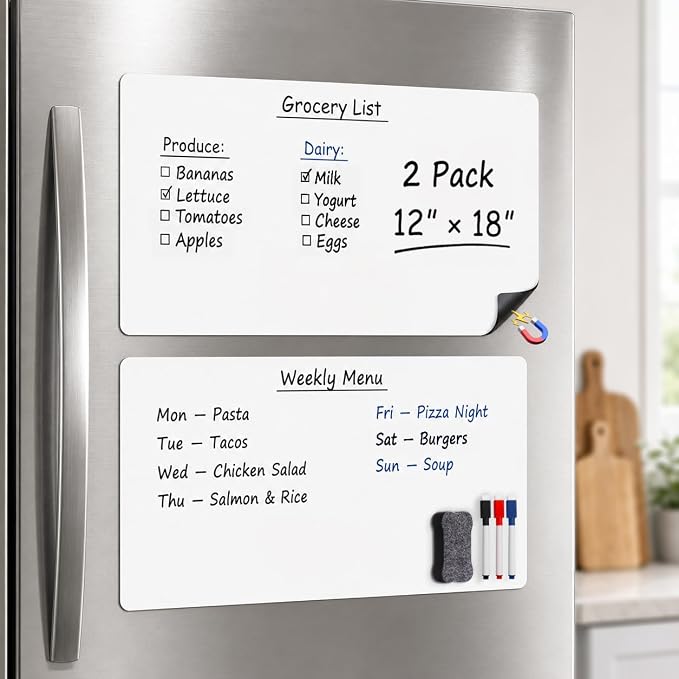 Magnetic Whiteboard for Kitchen Fridge: 2-Pack for a Clearer Week | Dry Erase Sheets for Shopping Lists & Weekly Menus - 12" x 18" Dual Purpose Refrigerator Set with 3 Markers & 1 Eraser