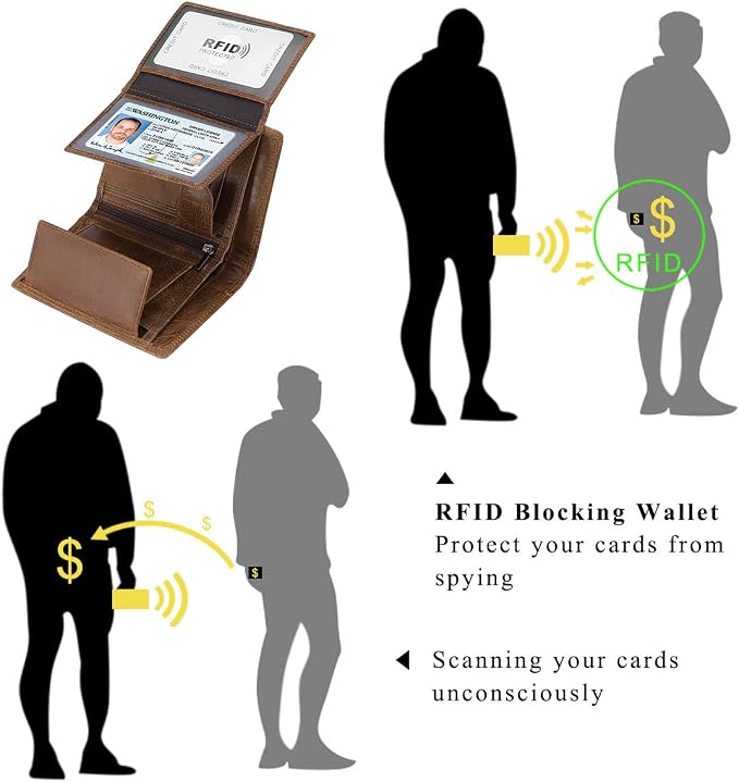 Trifold Billfold RFID Blocking Cowhide Leather Wallet for Men 10 Card Slots 2 ID Windows with Coin Pocket