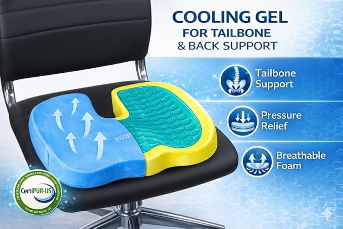 LuminaRest® Gel Seat Cushion for Long Sitting | Premium CertiPUR-US® Certified Memory Foam | Ergonomic Office Chair Cushion for Tailbone & Coccyx Pain Relief, Sciatica & Back Support – (Blue)