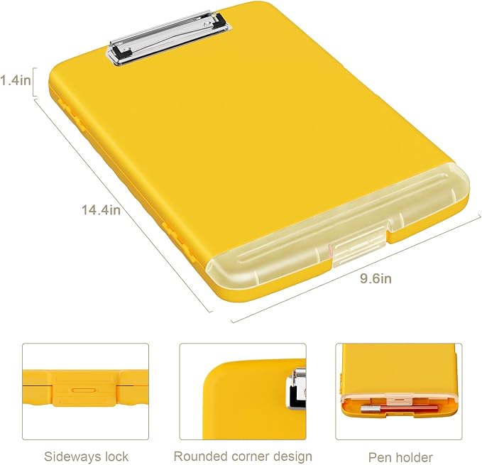 Piasoenc Clipboard with Storage, 8.5 x 11 Clip Board with Pen Holder,Yellow | High Capacity, Heavy Duty Plastic Organization Box for A4 Legal Paper Folder, Folio & Side-Opening Nurses, Teachers, Student