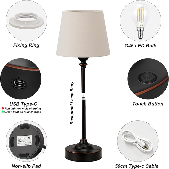 Cordless Table Lamp Rechargeable Bronze - 1 Pack Brass 4000mAH Battery Operated Lamp for Decor, 3000K Stepless Dimming Touch Control Wireless Lamp for Bedroom, Dining Table, Counter, Living Room