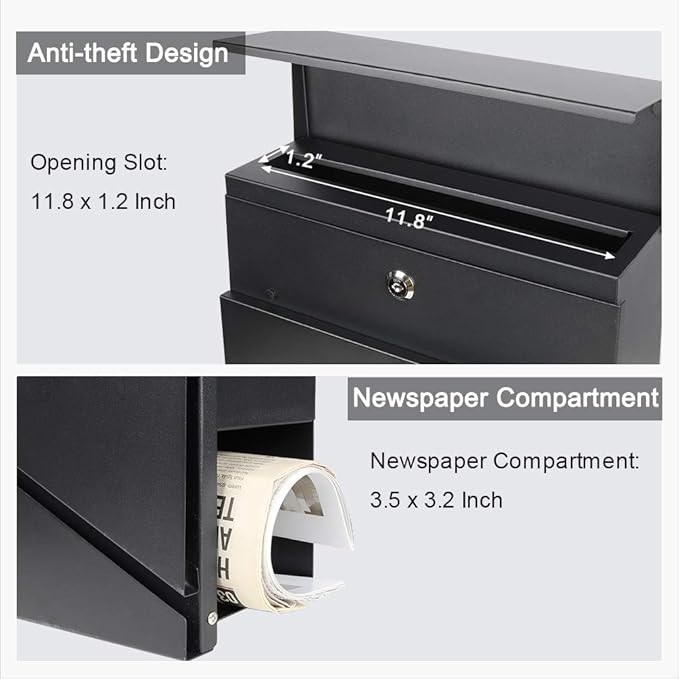 Jssmst Locking Mailbox Wall Mount- Waterproof mailboxes with Secure Key Lock and Newspaper Compartment, Key Lock Drop Box Extra Large Capacity, 12.9 x 4.1 x 14.2 Inch, Black, SM-HPB933 New