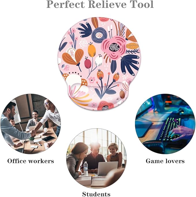 WAVEYU Ergonomic Mouse Pad with Wrist Support for Women Girls, Cute Pretty Mouse Mat Non-Slip Rubber Base Mousepad for Desk Laptop Gaming Working Computers Easy Typing & Pain Relief, Pink Flower