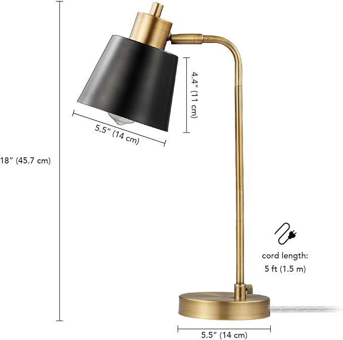 Globe Electric 18" Matte Brass Desk Lamp with Matte Black Metal Shade | Adjustable pivot joint, metal shade, rotary switch, requires 1 E26 60W bulb (sold separately), 61000055