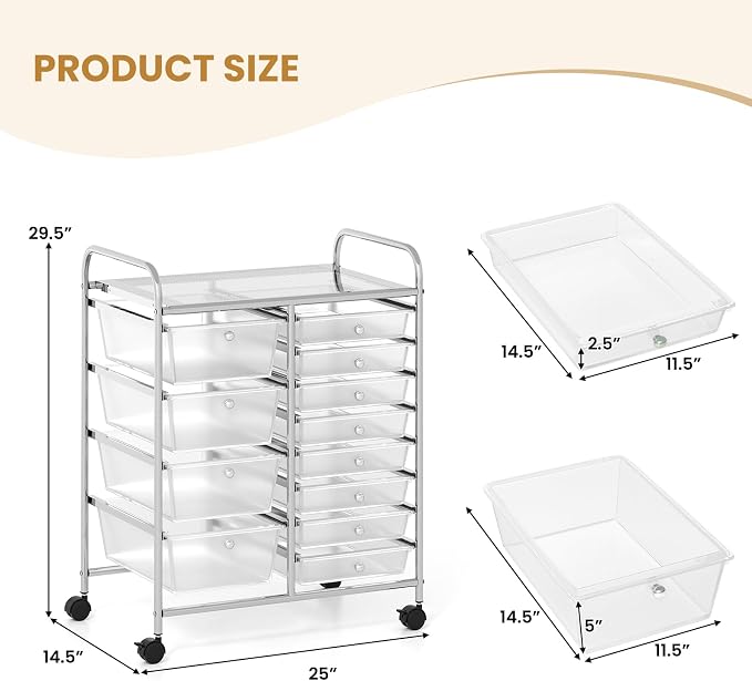 COSTWAY 12 Drawer Rolling Storage Cart, Utility Cart with Metal Frame | Mobile Art Supply Craft Organizer, Multipurpose Storage Organizer for Paper, Office, School Teacher, Classroom, Transparent
