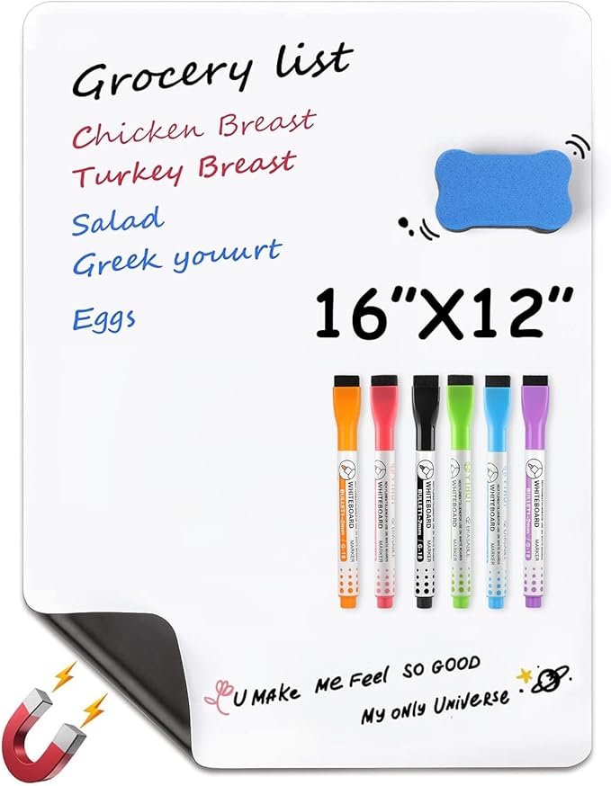 MaxGear Magnetic Dry Erase Board for Fridge, 16 x 12 Inch, Markers Included | Strong Magnetic Backing, Stain Resistant Surface, Easy to Write and Erase, Ideal for To-do Lists, Includes 6 Markers 1 Erase