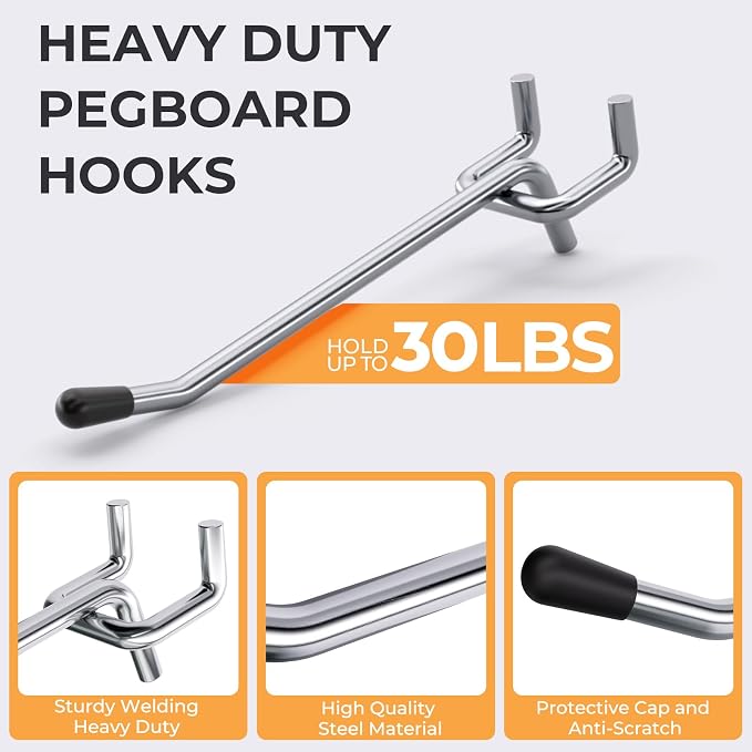 INCLY 50 Pack 4 Inch Pegboard Hooks with Rubber Tipped, 1/4" Heavy Duty | Peg Board Hooks Accessories,Peg Board Tool Hangers Fit 1/4" Pegboard, For Hanging Tools Garage, Craft Room, Kitchen, Store