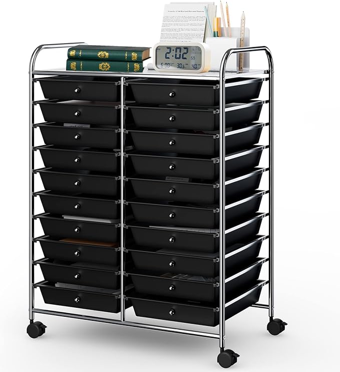COSTWAY 20-Drawer Rolling Storage Cart, Utility Storage Organizer Cart | For Tools, Scrapbook, Paper, Craft, Multipurpose Storage Trolley on Wheels for Home Office School (Black)