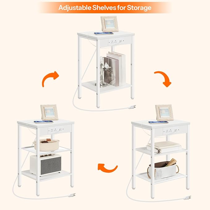 HOOBRO Side Table with Charging Station and USB Port, Small End Table for Small Space, 3-Tier Nightstand with Adjustable Shelf, for Living Room, Bedroom, White WW112BZ01