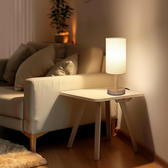LALISU Small Table Lamp for Bedroom, Nightstand Lamp Linen Lampshade Bedroom Wood Base Small Bedside Lamp for Night Stands, Desk Lamps for Reading Living Room, Office (LED Bulb Included) (Wood Base)