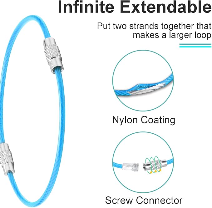 CooBigo 12 Pack Small Keychain Key Ring Holder 4 Inch Travel Luggage Tag Loops Wire Cable Key Chain for Hanging Car Keys Dog Tag Rings Keeper (Thick: 2mm, Light Blue)