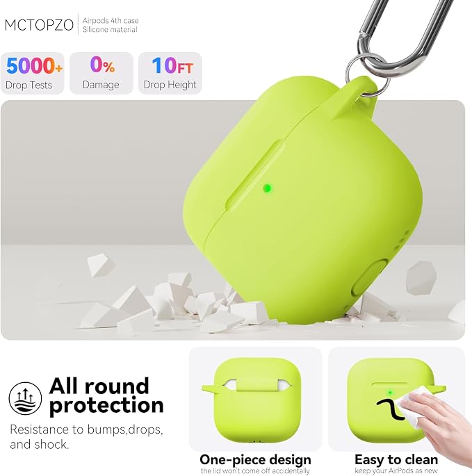 for AirPods 4 Case 2024 with Cleaner Kit & Keychain-Neon Green | Silicone Protective Cover for Apple AirPods 4th Generation Case,for Women Men,One-Piece Design,Shockproof,Dust Proof