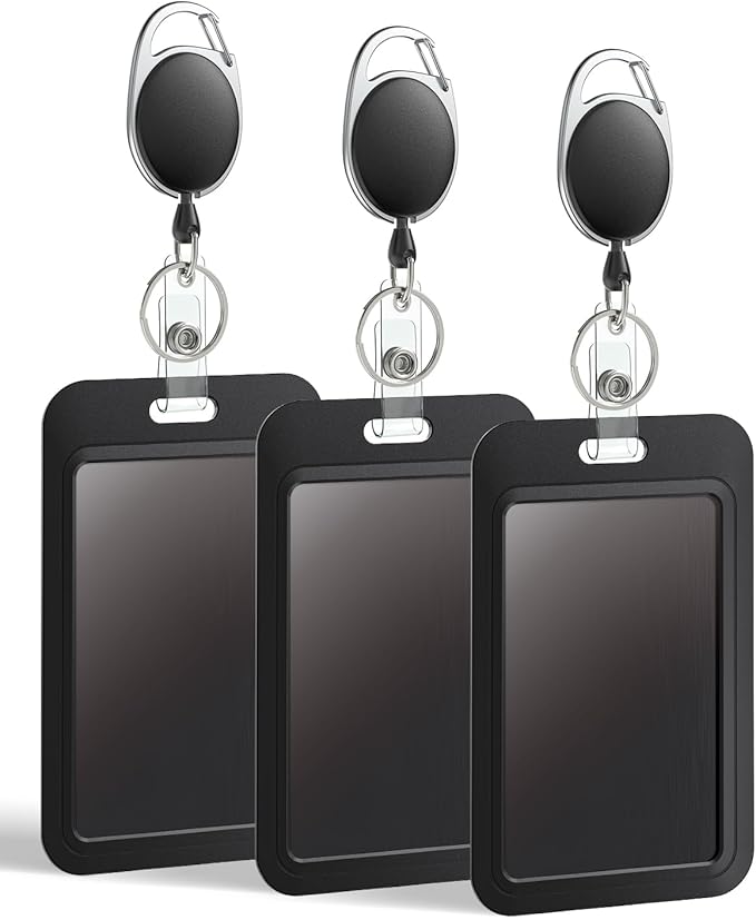 Uniclife 3 Pack Sliding Badge Holders with Reel for Office IDs | hard black sliding holders with retractable reels and carabiners keep office IDs, credit cards and key cards ready.