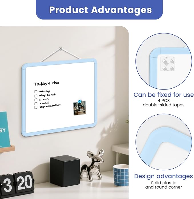 Small Wall White Board, 11" x 14" Mini Double-Sided Magnetic Dry Erase Board with Plastic Frame, Hanging Whiteboard with 5 Markers for Kids Students School Kitchen Home & Office, Blue