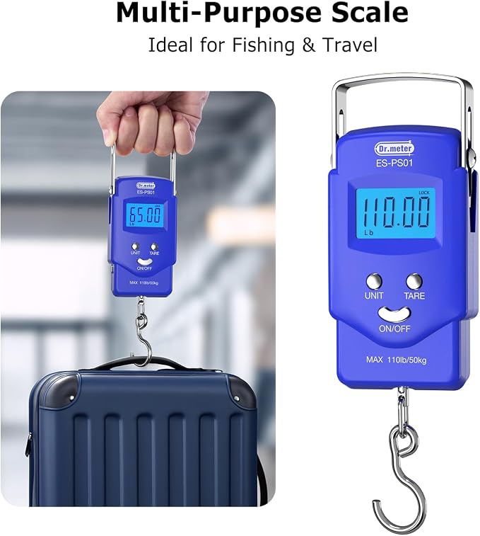 Dr.meter Fish Scale, 110 lb Digital Luggage Scale with Tape | 110 lb Capacity, Backlit LCD, Built-In Tape, Includes 2 AAA Batteries, Compact Pocket Size