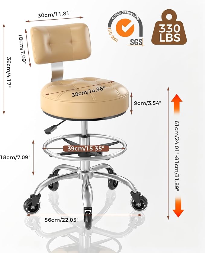 Office Drafting Chair with Footrest, Tall Height Adjustable Stool with Back Support, Heavy Duty Rolling Stool Chair with Wheels for Office Home Kitchen Bar Shop Guitar Studio Vanity, White