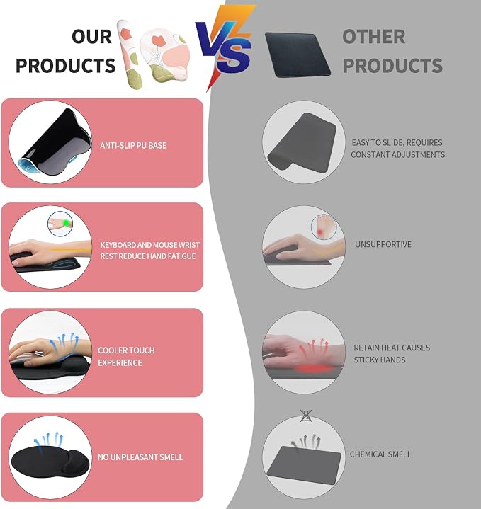 Mouse Pad Wrist Support, Ergonomic Memory Foam Keyboard Wrist Pad & Gel Wrist Rest Set for Computer Keyboard for Easy Typing & Pain Relief for Office & Home (Rose Set)