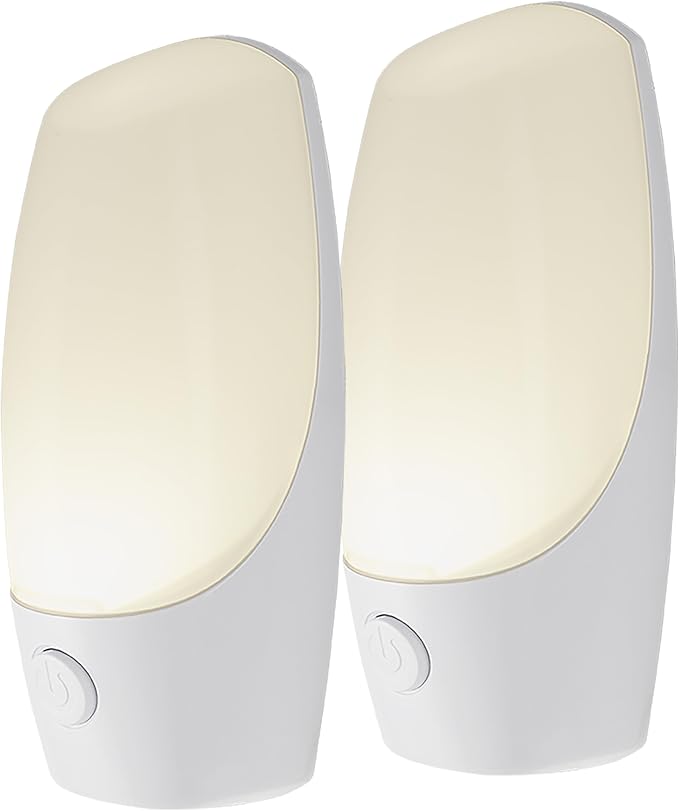 Energizer Manual On/Off LED Night Light Plug-in, Push Button, Compact, Contemporary, for Bedroom, Livingroom, Hallway, Bathroom, Nursery, Basement, White, 84135, 2 Pack