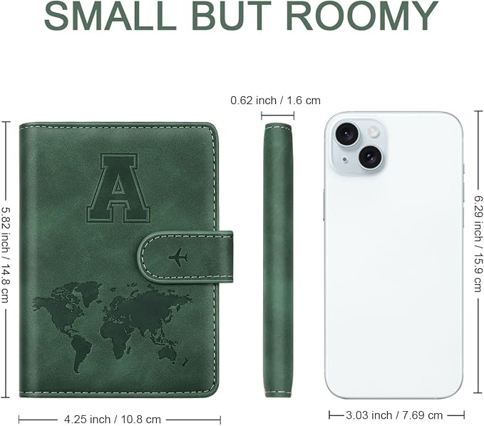 Passport Holder Wallet Cover Personalized Initial Travel Essentials | Embossed Letter A-Z Design, Travel Wallets, RFID Blocking, Passport Book Holders, Women Men, Personalized Gifts, Green-A