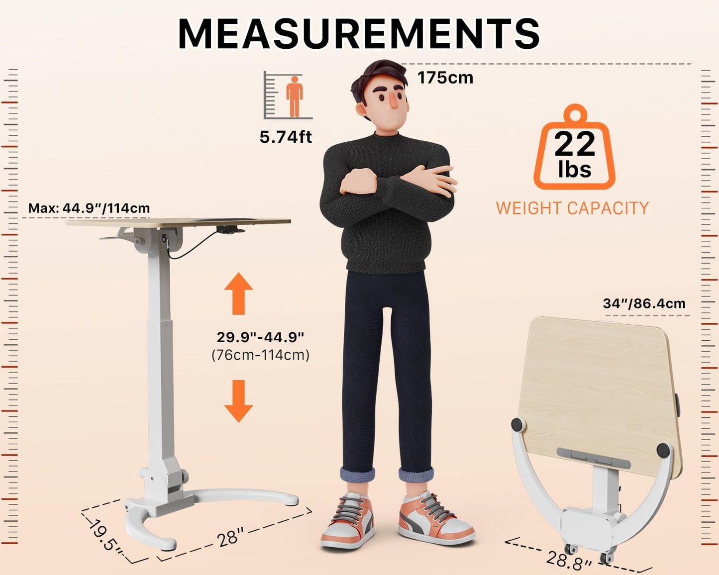 JOY worker Foldable Mobile Standing Desk, Pneumatic Height Adjustable Sit Stand Desk, 90° Tiltable Rolling Laptop Desk, Portable Cart with Wheels Non-Slip Mat for Home Office, Holds Up to 22lbs