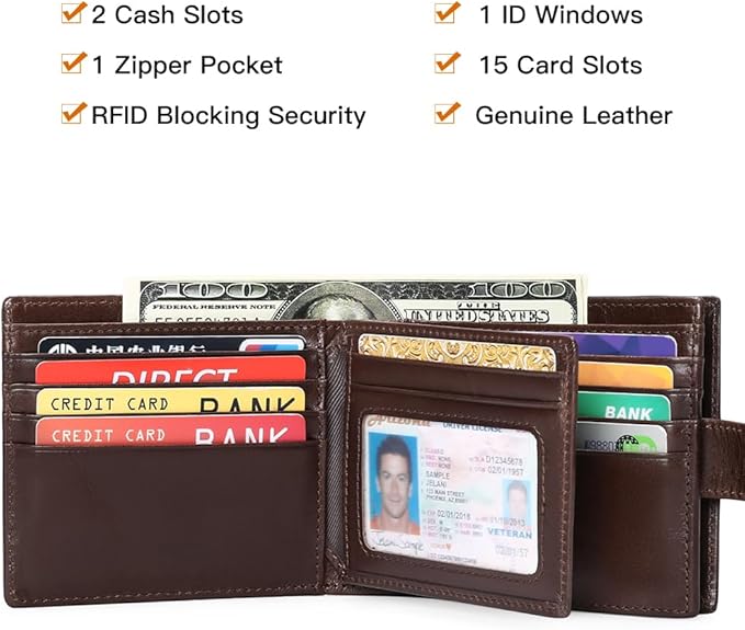 GOIACII Mens Wallet Large Capacity Genuine Leather RFID Blocking Bifold Wallets for Men with ID Window and 15 Card Slots