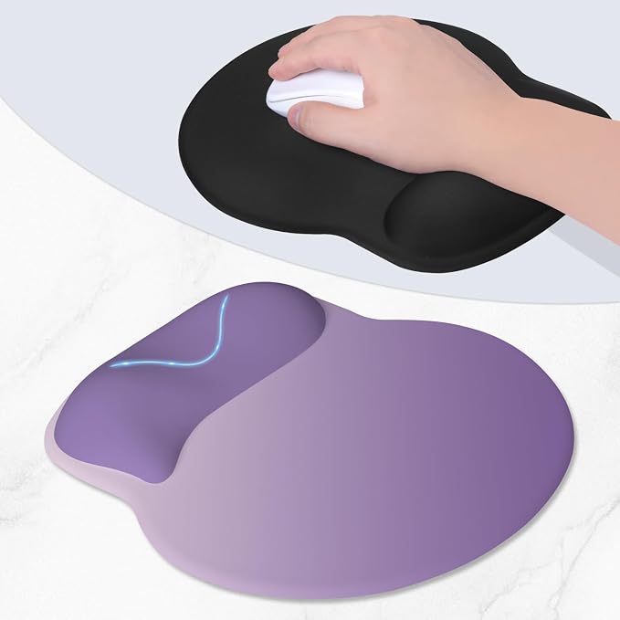 ITNRSIIET Ergonomic Mouse Pad with Wider Memory Foam Wrist Rest +17% - Curved Cushion Reduces Pressure 20%, Pain Relief, Non-Slip, Smooth, Cute Colors, 9.85 x 9 in, Lavender Fade