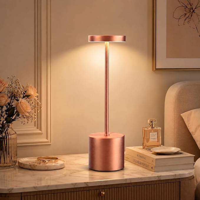 AUDLES Cordless Table Lamp, 5000mAh Rechargeable Lamp with Touch Control & Stepless Dimming, 3 Light Modes, IP54 Waterproof Portable Light for Dining Table, Patio, Bathroom, Power Outage (Rose Gold)