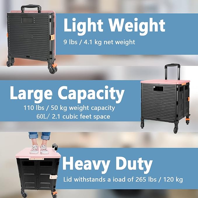FELICON SELORSS Foldable Utility Cart Folding Portable Rolling Crate-Pink | Heavy Duty,Telescoping Handle,4 Rotate Wheels,Collapsible Handcart for Travel Shop Move Luggage Laundry Teacher Office Use